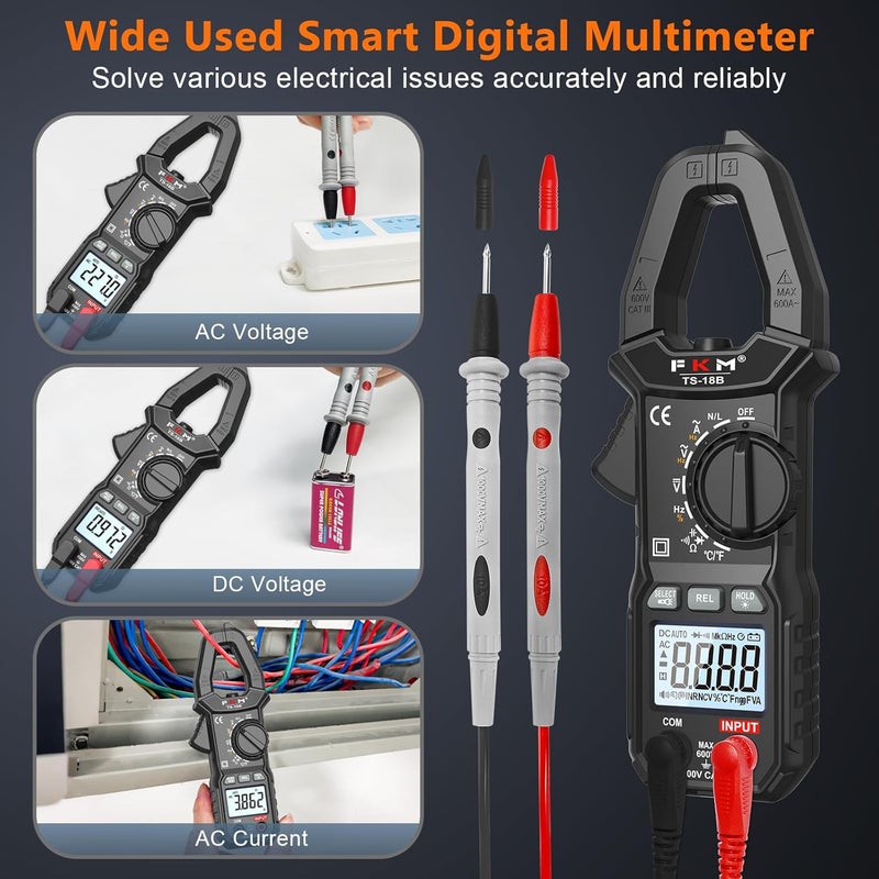 FKM Clamp Meter,TRMS 6000 Counts Digital Clamp Multimeter Voltage Tester,Auto-ranging Amp Volt Meter,for AC/DC Voltage,AC Current,NCV,Capacitance,Resistance,Continuity,Hz/Duty Cycle,Diode,Temp Test - Image 4
